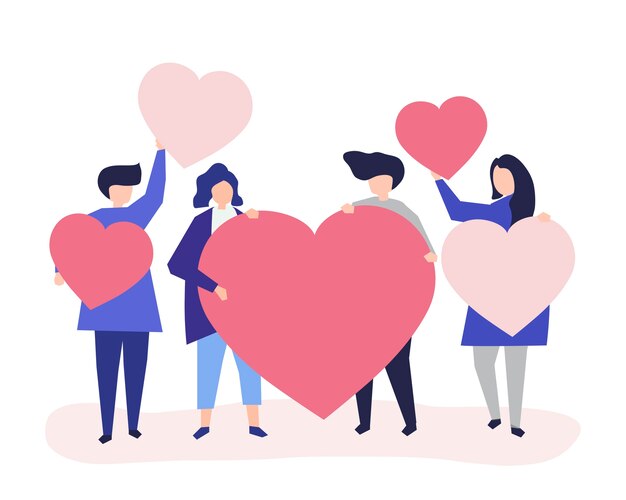 Characters of people holding heart shapes illustration