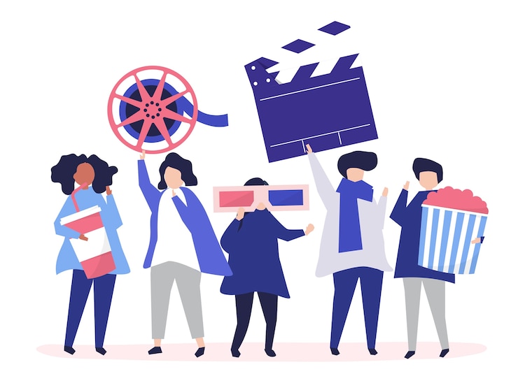 Free Vector characters of people holding movie icons illustration