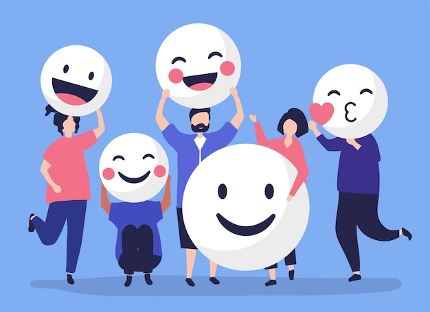 Characters of people holding positive emoticons illustration