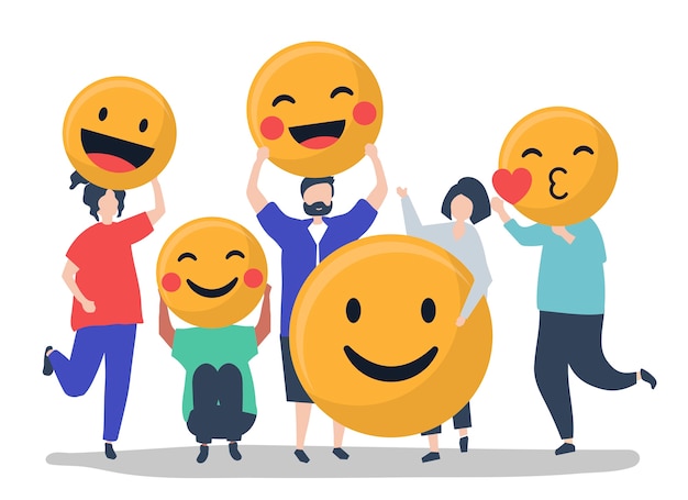 Characters of people holding positive emoticons illustration