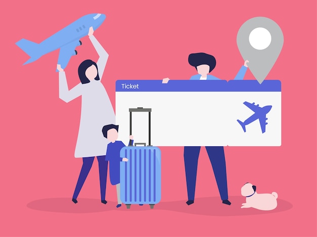 Characters of people holding travel icons illustration