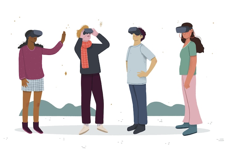 Free Vector characters playing games in virtual reality headset