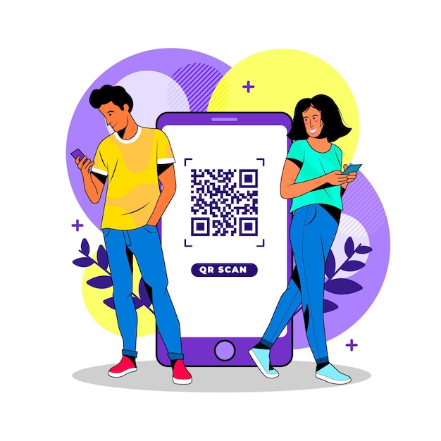 Free vector characters scanning qr codes on their phones