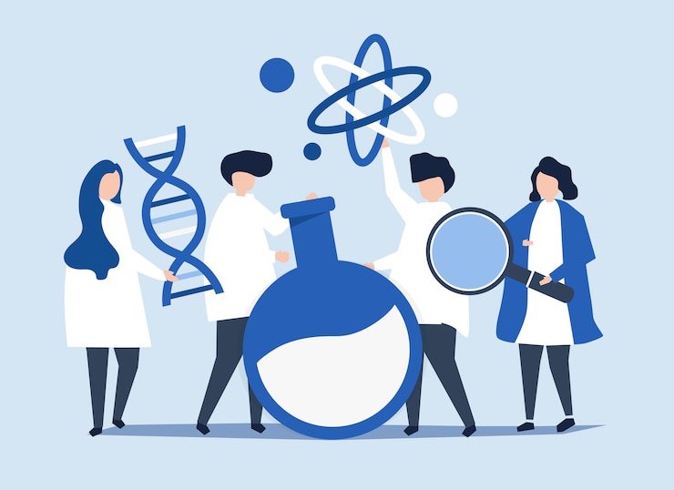 Free Vector characters of scientists holding chemistry icons 