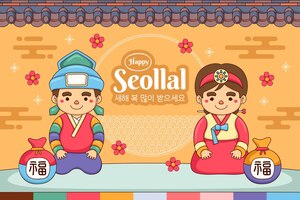 characters sitting on their knees korean new year
