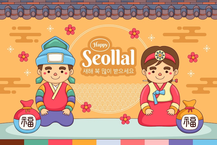 무료 Vector 무릎을 꿇고 앉아있는 캐릭터 한국의 새해