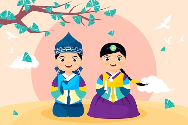 Free vector characters sitting on their knees korean new year