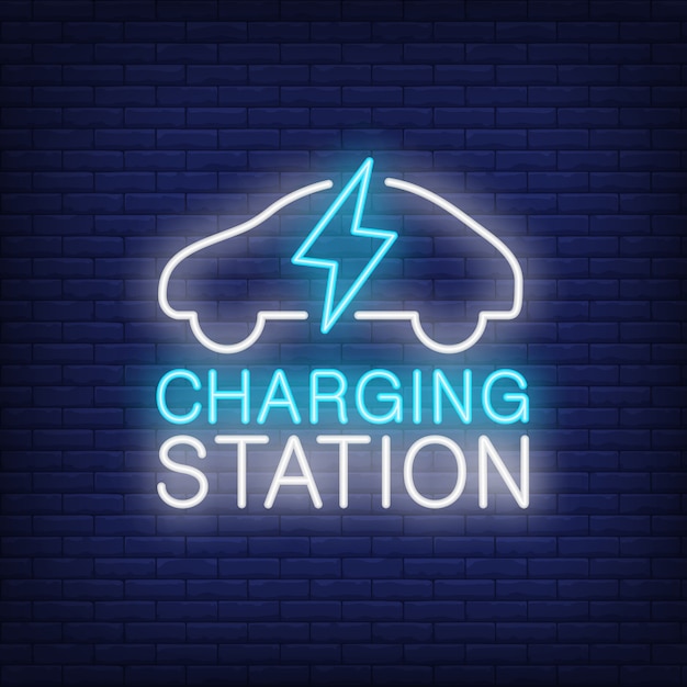 Charging station neon sign. White car with bolt of lightning. 