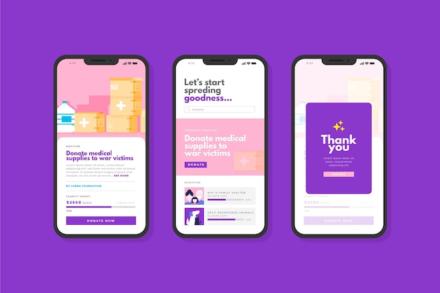 無料ベクター チャリティーアプリのインターフェースのコンセプト
