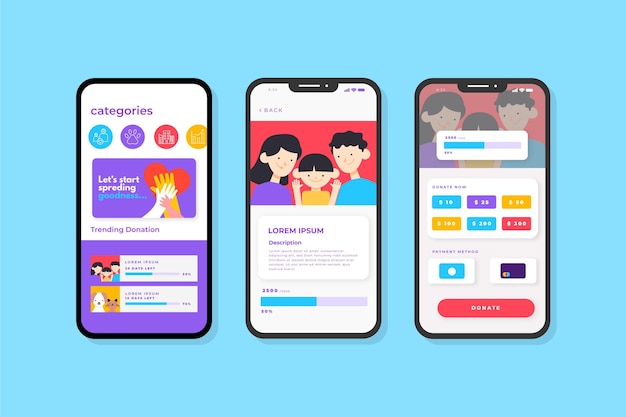 Free vector charity app interface concept
