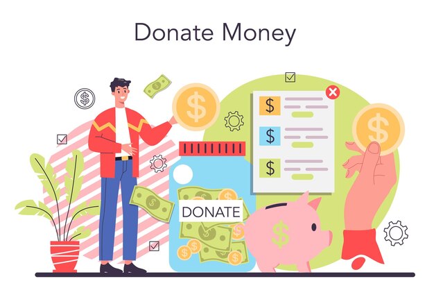 Charity concept People or volunteer donate stuff to help other people Idea of humanitarian support and philanthropy Isolated vector illustration in cartoon style