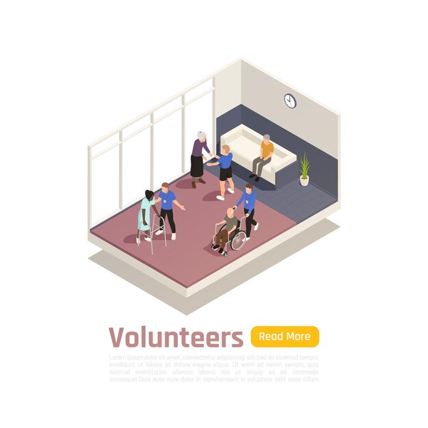 Charity donation volunteering isometric illustration with indoor view of medical center with people text and button