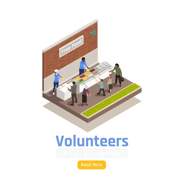 Charity donation volunteering isometric illustration with volunteers sharing food with homeless people with text and button 