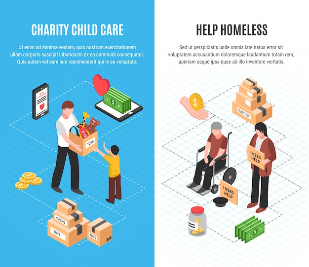 Charity two vertical banners with child care and help homeless