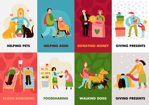 Charity types cards set with giving presents walking dogs blood donoring helping aged compositions