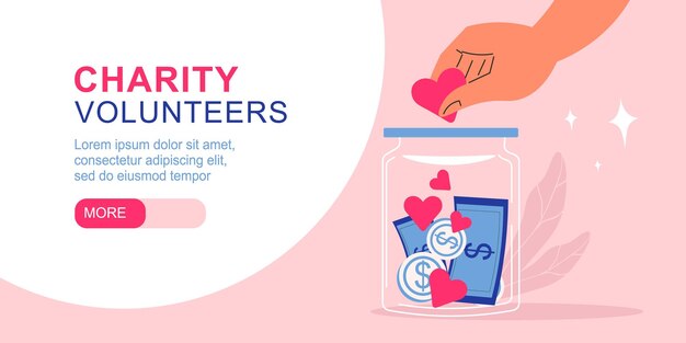 Charity volunteers horizontal banner with human hand lowering heart into jar with money abstract composition vector illustration