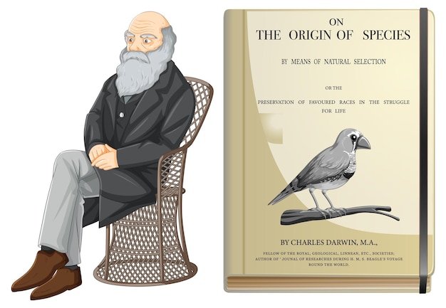 Бесплатное векторное изображение Чарльз дарвин и книга «происхождение видов».