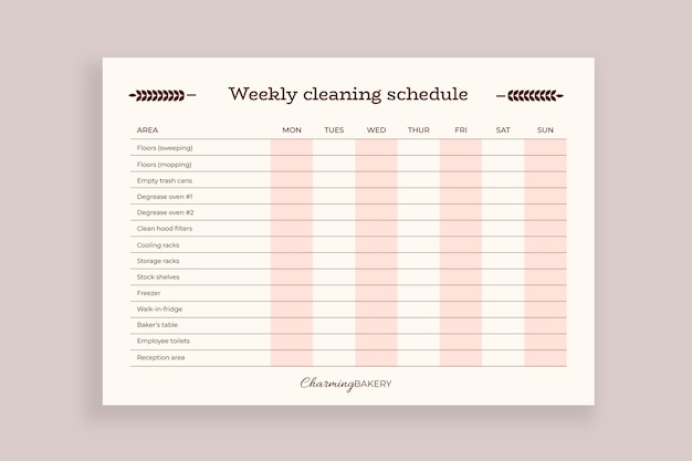 Free vector charming bakery weekly cleaning schedule