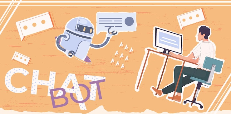 Free Vector chat bot composition with collage of flat chat bubbles character of robot and guy at computer vector illustration