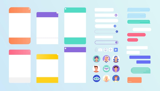 Free vector chat bot dialogue windows set with empty text boxes. talk interface with user avatar, consultant chatbot robot, online personal assistant and message bubble. flat design for customer service support.