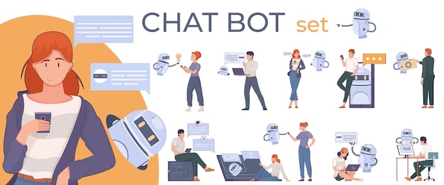 Vettore gratuito composizione piatta chat bot con set di personaggi umani isolati utilizzando gadget chat bolle e robot illustrazione vettoriale