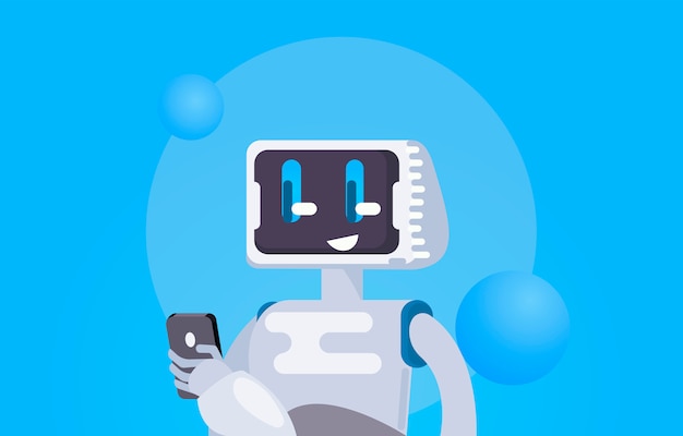 Vettore gratuito chat bot sfondo gratuito. il robot tiene il telefono, risponde ai messaggi.