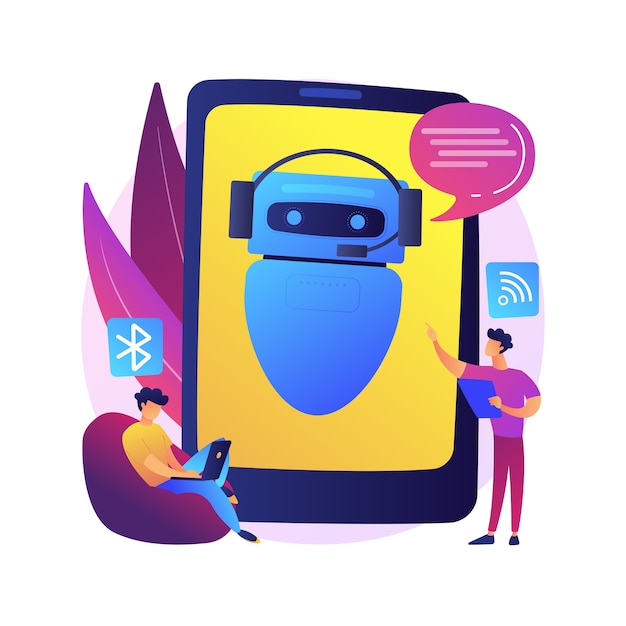 Chatbot 가상 비서 추상적 인 개념 그림입니다. 인터넷, 온라인 스마트 로봇, 장치 대화, 미디어 대화, 시스템 프로젝트, 기술, 웹 소프트웨어 앱.