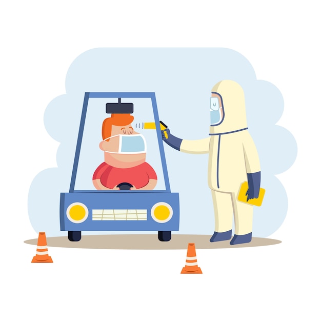 Free vector check body temperature driver and person in hazmat suit