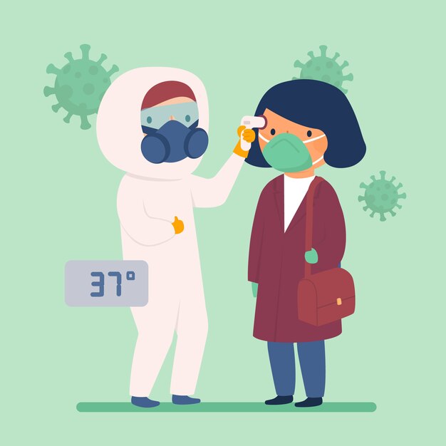 Free Vector | Checking body temperature doctor in hazmat suit