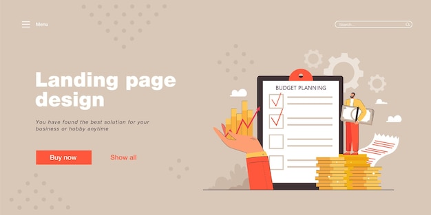 Free vector checklist of budget plan on clipboard landing page template