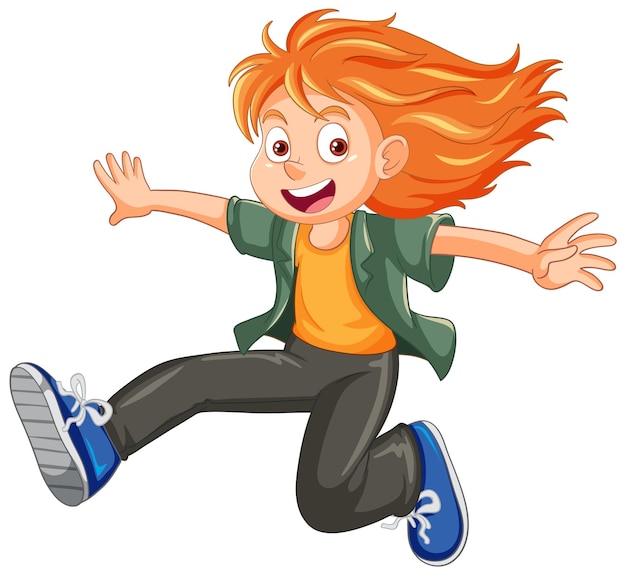 Веселая приключенческая девушка прыгает мультипликационный персонаж