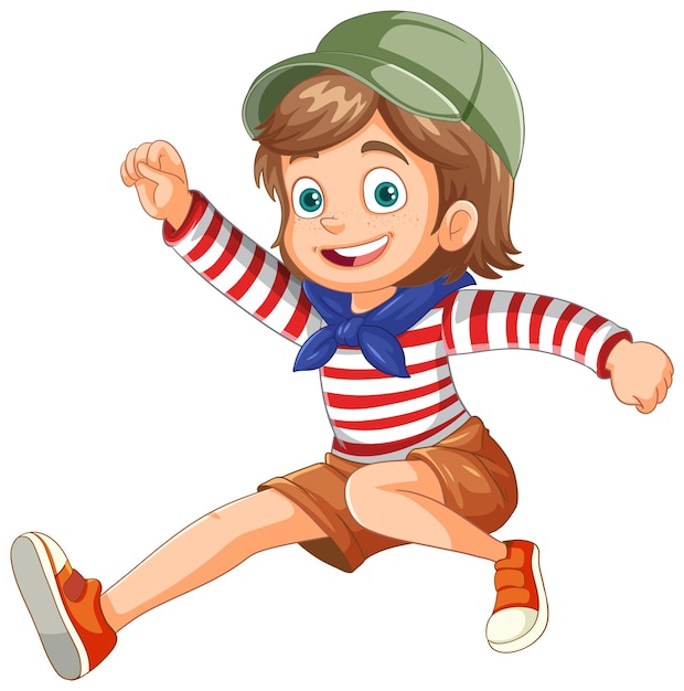 Cheerful adventure girl jumping cartoon character