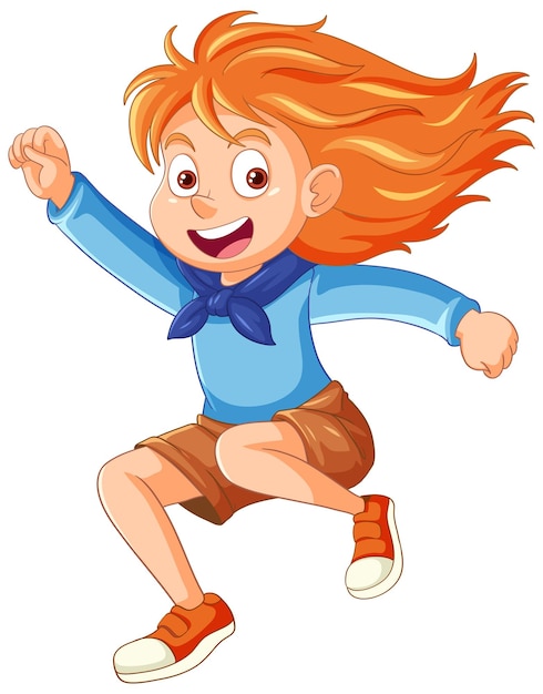 Vettore gratuito cheerful adventure girl jumping personaggio di cartone animato