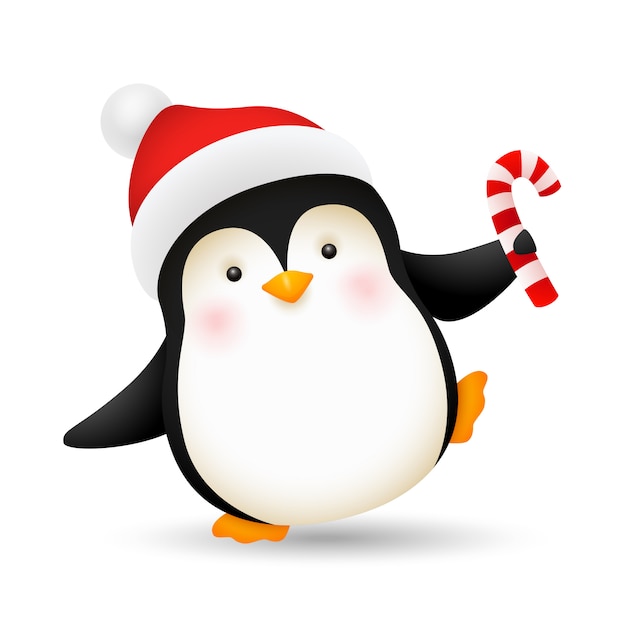 Free vector cheerful baby penguin dancing with candy cane