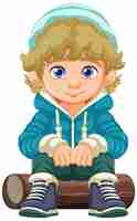 Free vector cheerful boy in cartoon hoodie sitting on wooden log