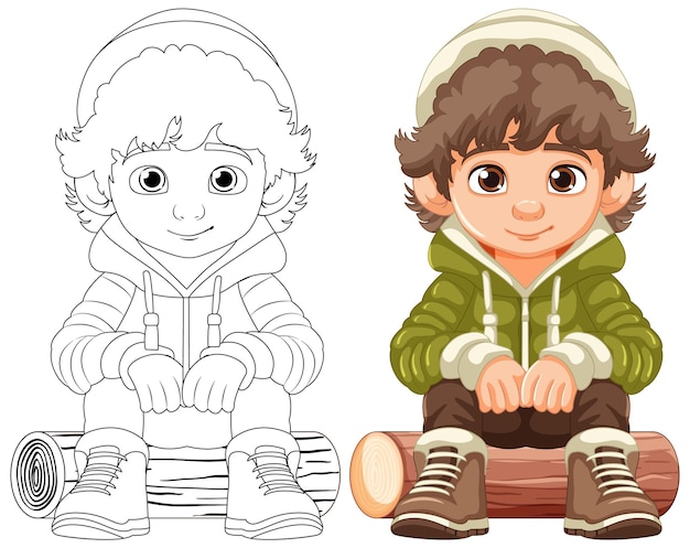 Cheerful boy in hoodie sitting on wooden log