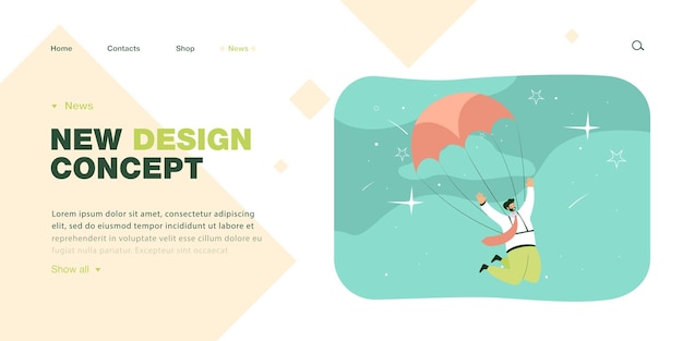 パラシュートで空を飛んでいる陽気なビジネスマン