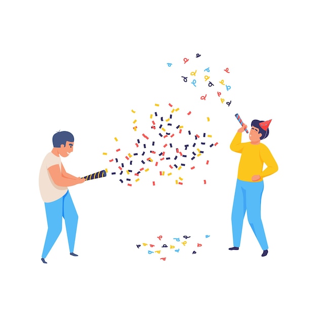 Free vector cheerful celebrating people with confetti flat  illustration