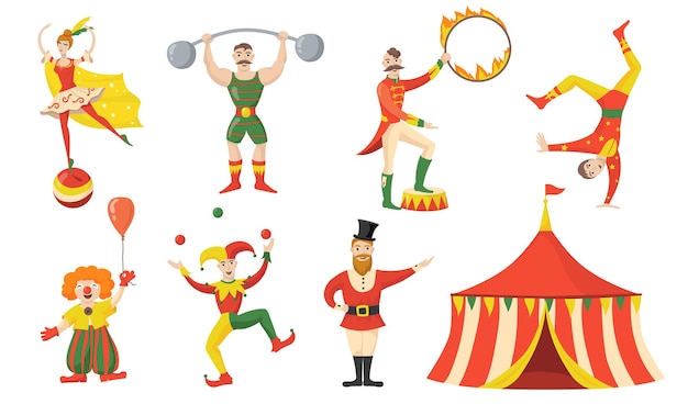 Cheerful circus character and performers flat set