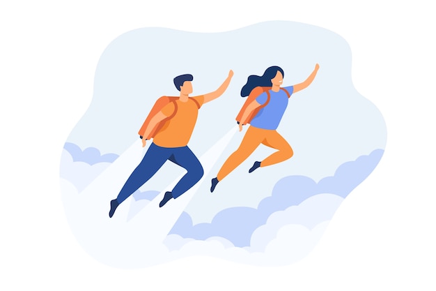 Cheerful couple boosting with jet pack isolated flat illustration.