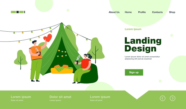 Free Vector cheerful couple camping together on nature landing page in flat style