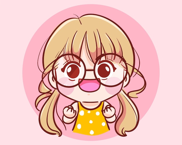 Cheerful cute girl character hand drawn cartoon art illustration