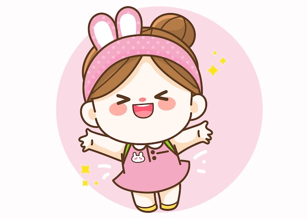 Cheerful cute girl hand drawn cartoon art illustration