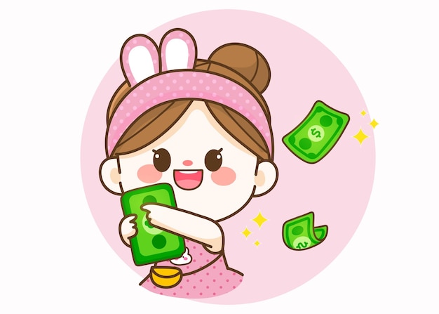 Free vector cheerful cute girl holding money bank hand drawn cartoon art illustration