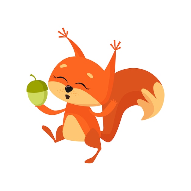 Cheerful cute squirrel holding nut and dancing