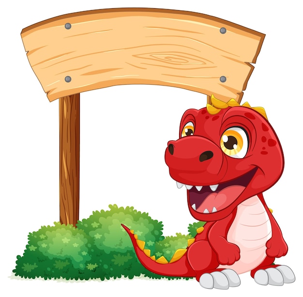 Бесплатное векторное изображение Веселый динозавр под деревянным знаком