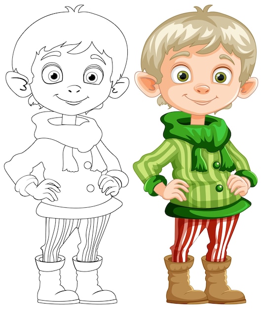 Cheerful elf before and after coloring