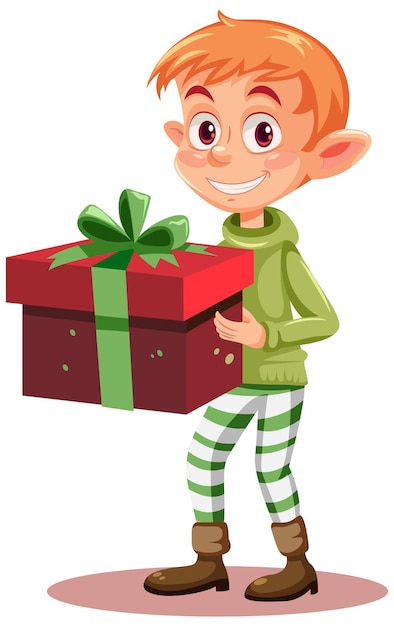 Free vector cheerful elf holding a gift box