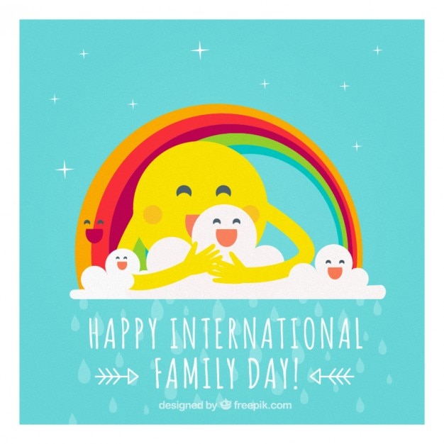 Free vector cheerful family day card with sun and rainbow