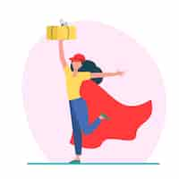 Free vector cheerful female courier in superhero cape. woman in baseball cap holding parcel flat vector illustration. delivery, logistic service